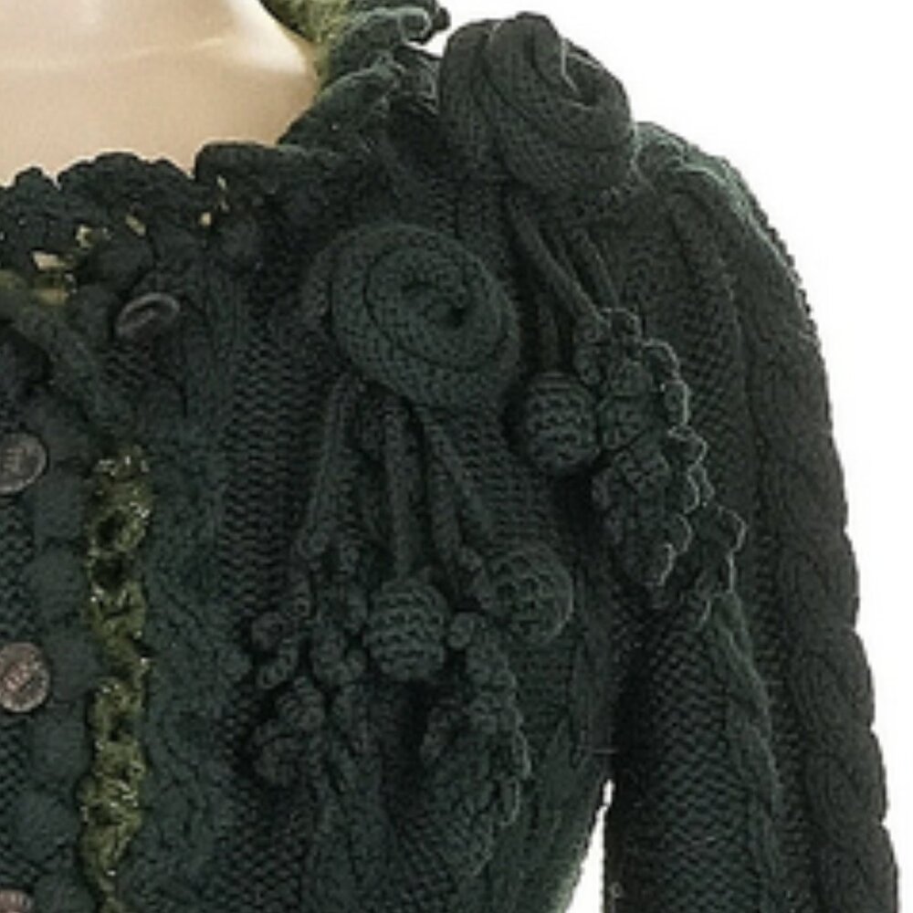 🌿 Carlisle Forest Green Merino Wool Fairycore Cardigan | Knit Flower Appliqué S - Picture 3 of 13